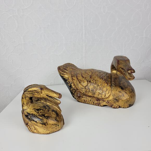 Vintage Carved Italian Wood Ducks Gold Brown 12" 8" Statues‎ 1960s Gilded Large - Picture 8 of 16